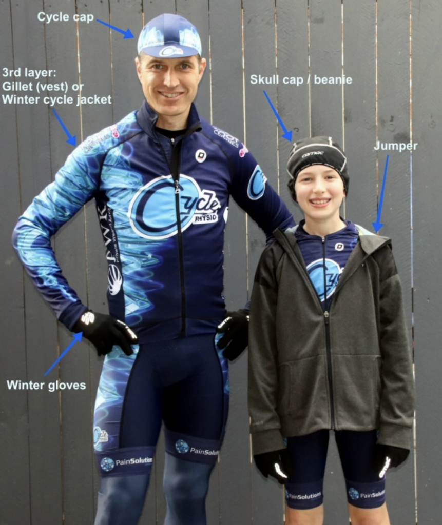 Cyclist and child demonstrating layering cycling gear for cold weather