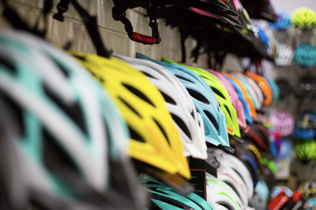 close up of helmets sold in a store