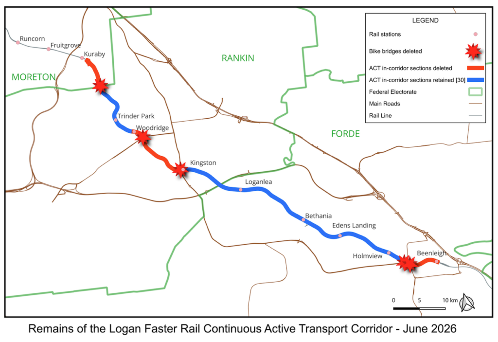 Logan Faster Rail map showing removed sections of bikeway